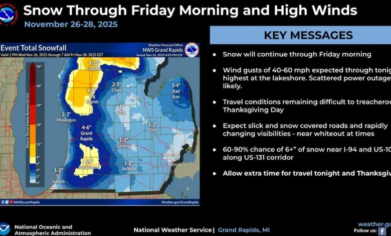 Blizzard conditions, heavy lake effect snow to slam Michigan through Thanksgiving