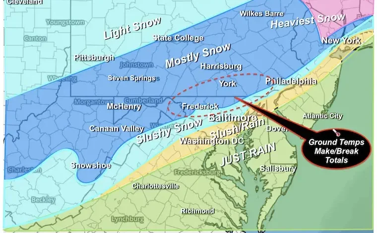 Tuesday Snowfall Update With Some Accumulation Nearing Baltimore And Big Cities