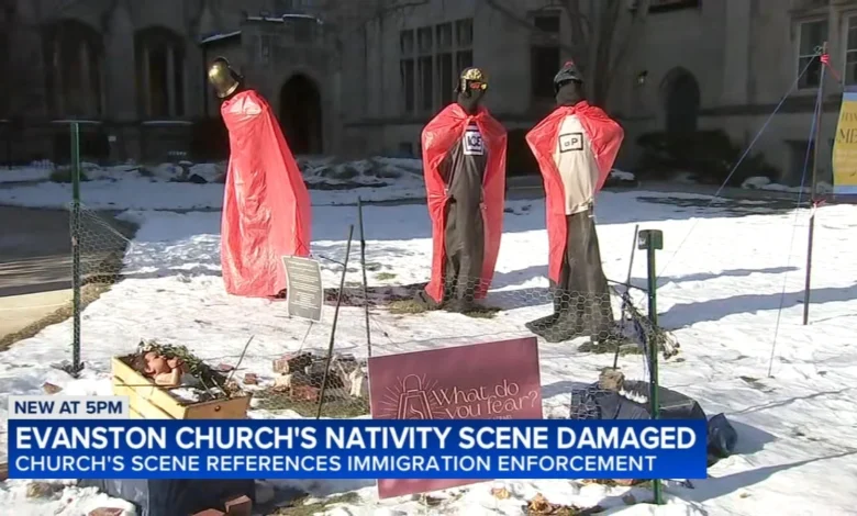 Anti-ICE Nativity scene at Lake Street Church in Evanston, Illinois vandalized; display add zip ties, gas masks