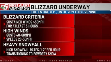 Blizzard conditions with strong winds and heavy snowfall today