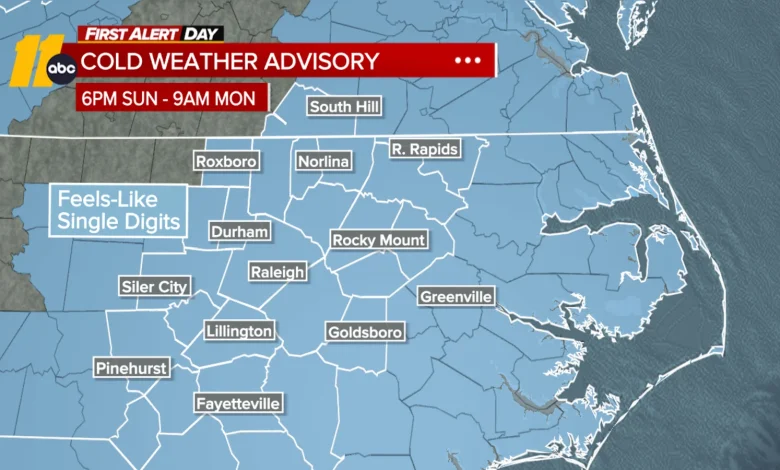 Cold Weather Advisory in effect for Central North Carolina; Arctic front brings cold, windy conditions Sunday and Monday