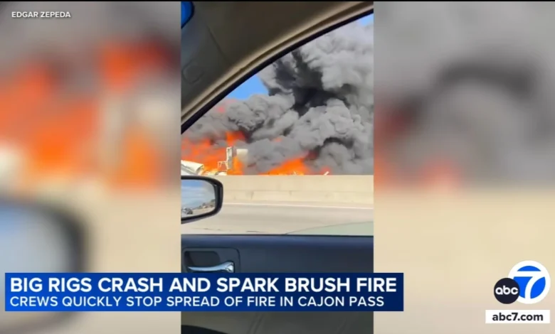 Fiery crash involving 2 big rigs in Devore sparks brush fire, temporarily shuts down 15 Freeway