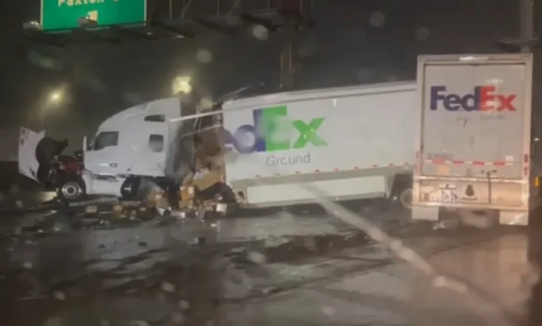 Los Angeles area rain and flooding: 5 Freeway in San Fernando shut down for several hours due to crash involving FedEx semi-truck