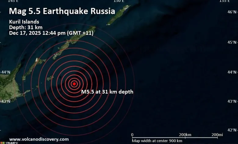 Magnitude 5.5 Earthquake Strikes Near Shikotan, Sakhalin Oblast, Russia