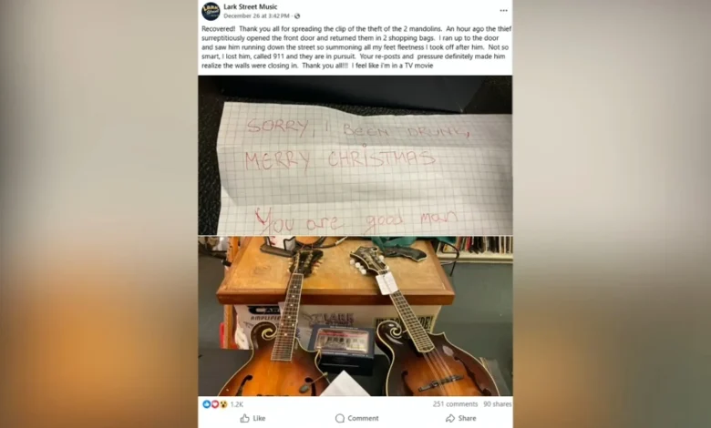 Man who stole mandolins from Teaneck, New Jersey store returns them with note saying 'sorry I been drunk. Merry Christmas'