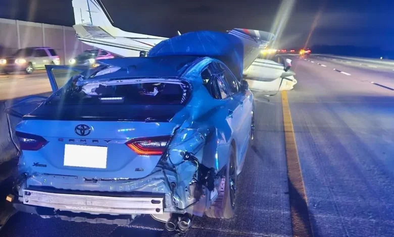 Plane crash-lands on top of Toyota on Florida freeway following engine trouble