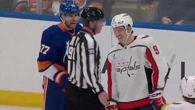 Ryan Leonard laughs at Tony DeAngelo after he appears to challenge Capitals rookie to fight