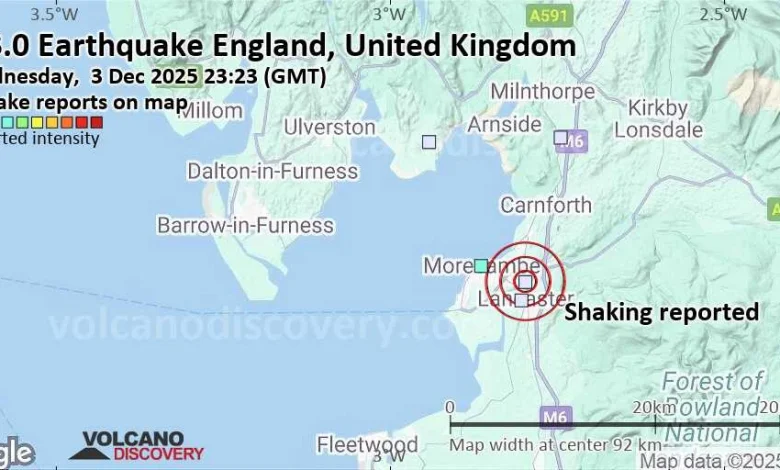 Seismic-like event, possible earthquake, reported few minutes ago near Blackpool, England, United Kingdom