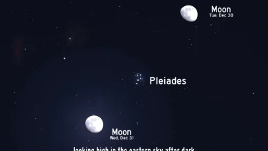 The nearly full moon shows the way to the Pleiades on New Years Eve