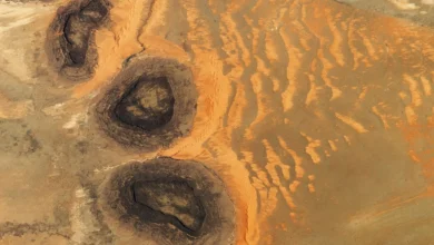 Trio of 'black mesas' leftover from Paleozoic era spawn rare sand dunes in the Sahara — Earth from space