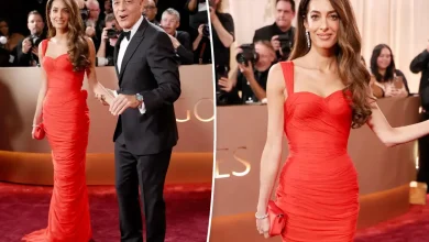 Amal Clooney channels Old Hollywood in red on 2026 Golden Globes red carpet