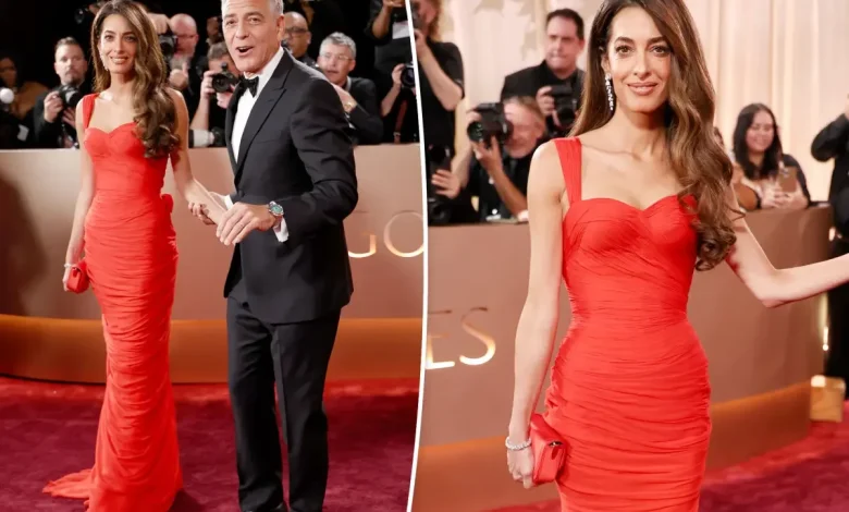 Amal Clooney channels Old Hollywood in red on 2026 Golden Globes red carpet