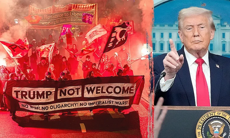 American flags torched, riot police clash with protesters ahead of Trump Davos arrival