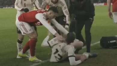 Arsenal star sparks melee by shoving Liverpool ace before he's carried off injured