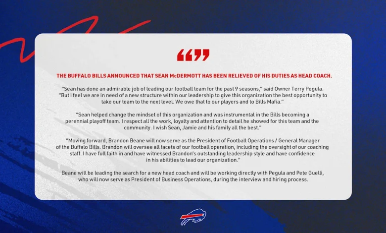 Buffalo Bills announce Sean McDermott has been relieved of his duties as head coach
