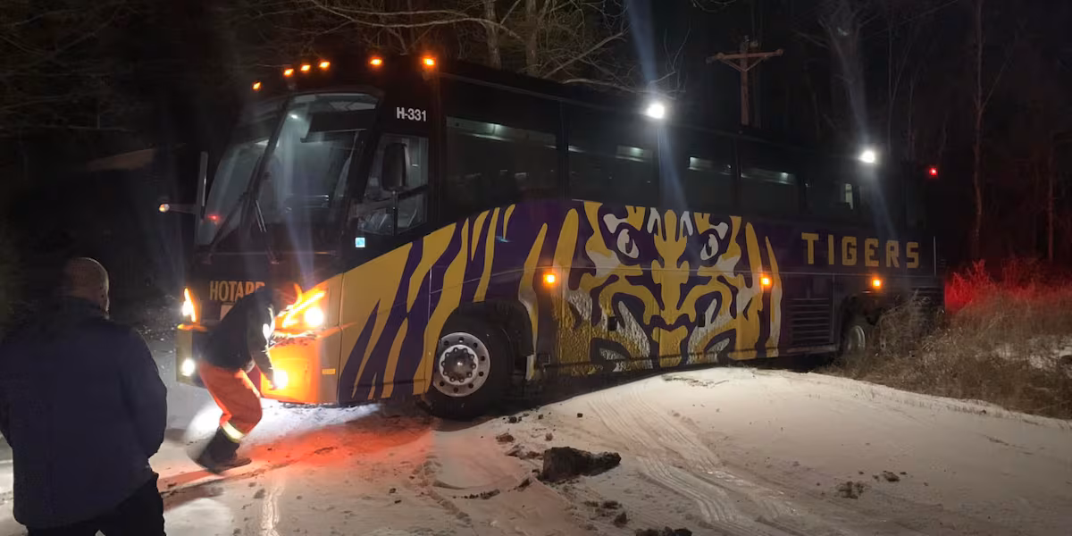 Bus rented by LSU Athletics runs off road during winter weather