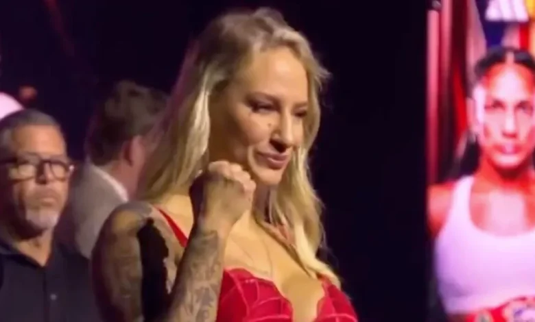 Ebanie Bridges' red lingerie weigh-in has security guard 'holding on for life'