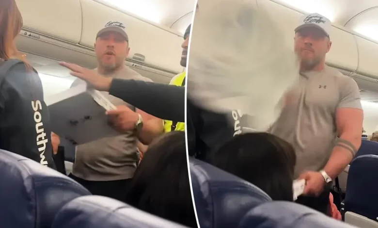 Food fight erupts on flight after infuriated passenger accuses another of flirting with his wife: ‘You’re running your f – – king mouth’