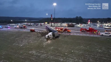 Frozen Mississippi: Trucks Slide Off Icy Roads