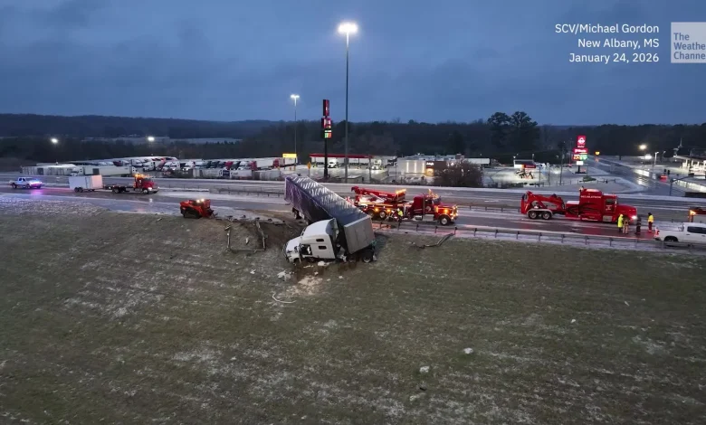 Frozen Mississippi: Trucks Slide Off Icy Roads