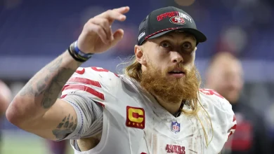 George Kittle’s wife Claire stuns in red boots matching ‘85’ fit for 49ers-Seahawks