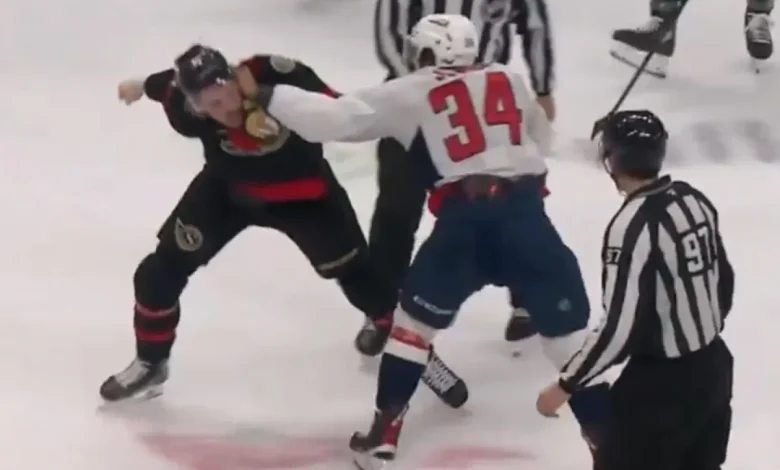 Justin Sourdif throws massive hit on Thomas Chabot and drops the gloves for first NHL fight with Drake Batherson