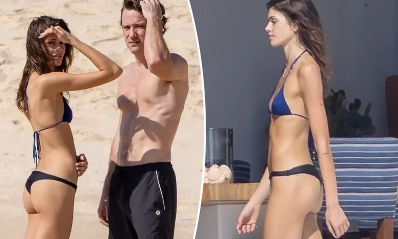 Kaia Gerber hits the beach in mismatched string bikini with boyfriend Lewis Pullman
