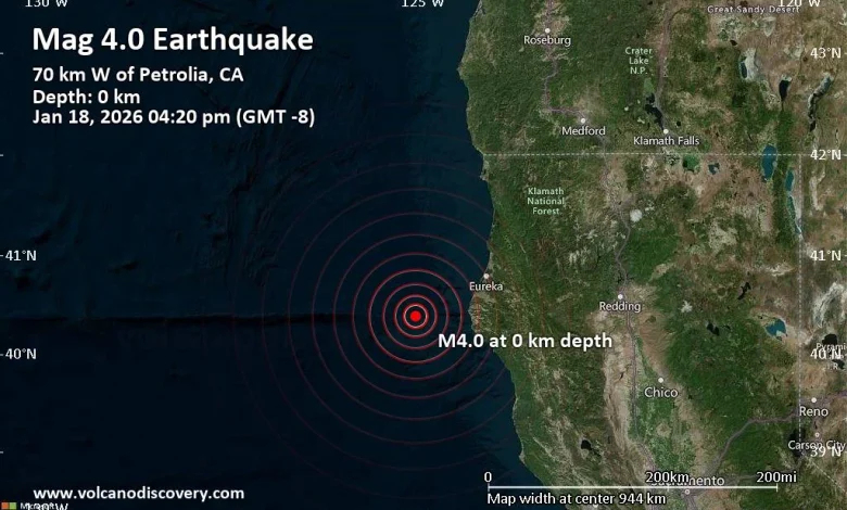 Moderate 4.0 Quake Hits Near Eureka, Humboldt County, California, USA
