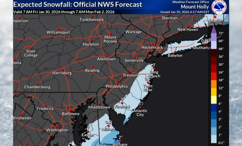N.J. weather: Snow forecast drops as weekend storm track shifts. Jersey Shore still faces 45 mph winds, flooding.