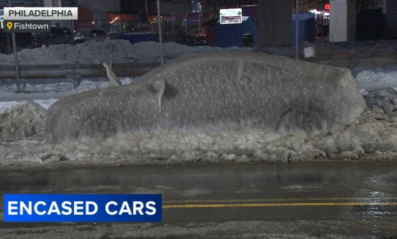 Philadelphia woman finds car encased in ice after apparent pipe burst nearby along Front Street