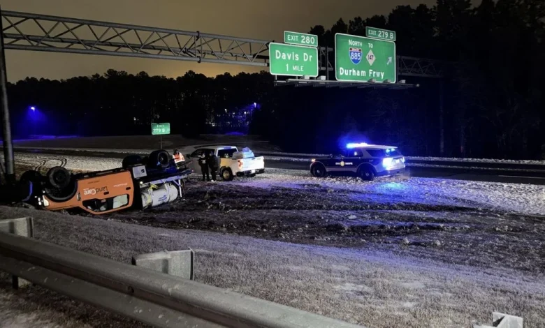 Roads latest: Brine truck overturns on I-40 in Durham, most major routes still slick with ice