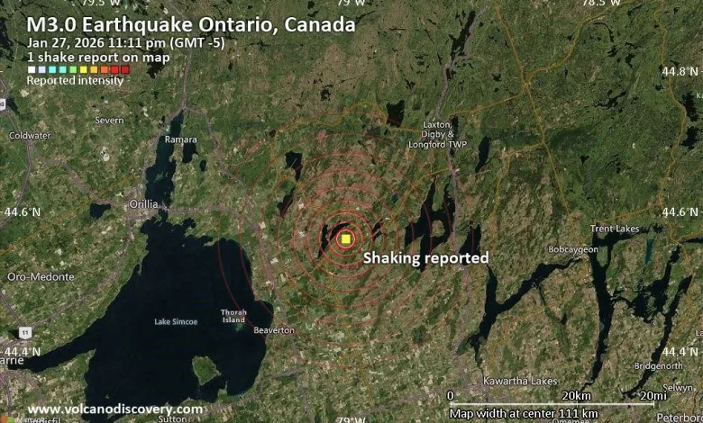 Seismic-like event, possible earthquake, reported few minutes ago near Lindsay, Ontario, Canada