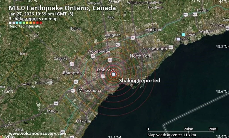 Seismic-like event, possible earthquake, reported few minutes ago near Toronto, Ontario, Canada