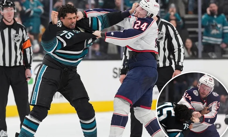Sharks’ Ryan Reaves knocked down in haymaker-filled fight with Blue Jackets’ Mathieu Olivier