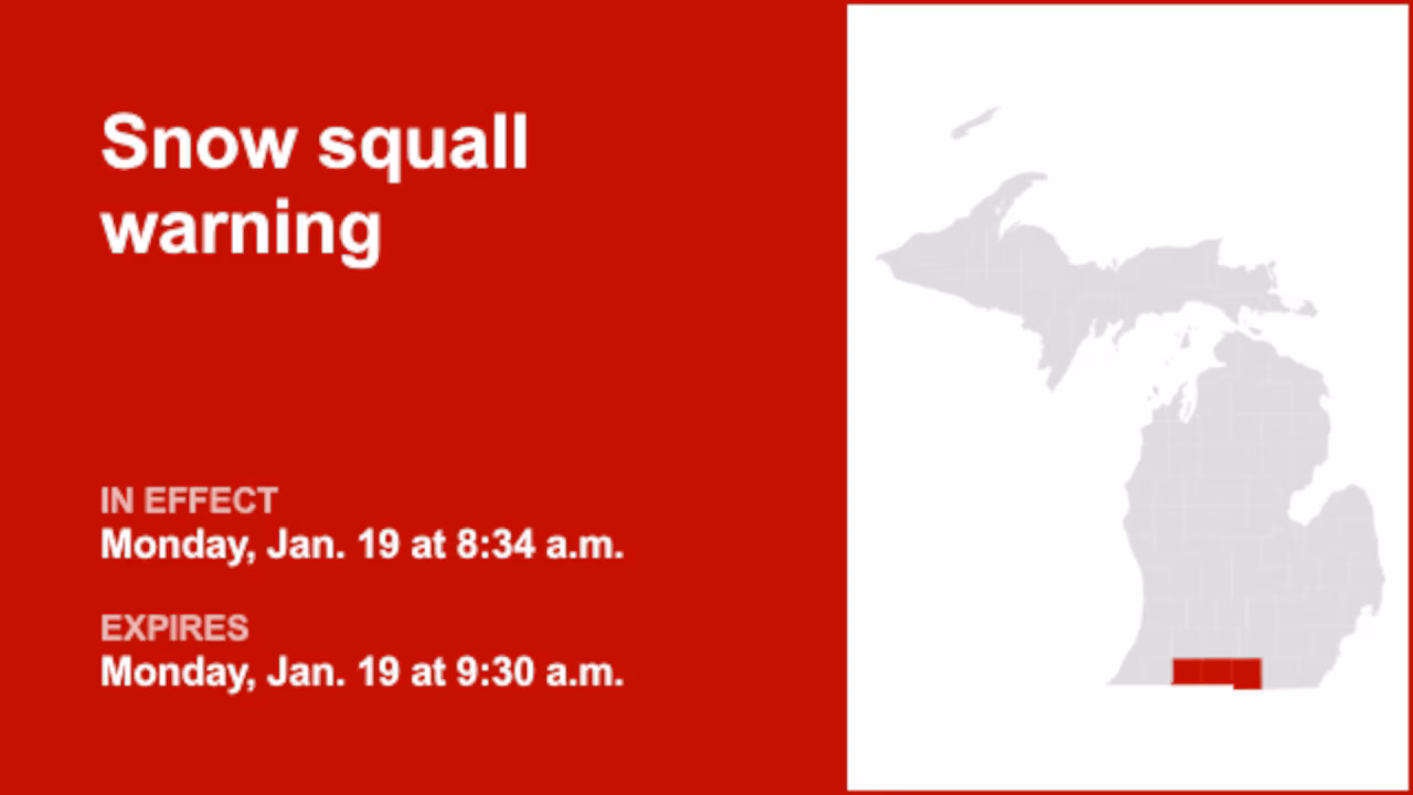 Snow squall warning active for Cass and St. Joseph counties Monday morning