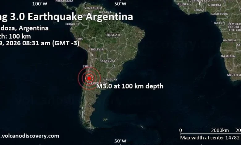 Terremoto leve mag. 3.0 - Departamento de Tupungato, 56 km al oeste de Mendoza, Guaymallén, Mendoza, Argentina, viernes 9 ene 2026 a las 08:31 (GMT -3)