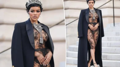 Teyana Taylor attends Schiaparelli couture show in see-through lace outfit and pearl crown