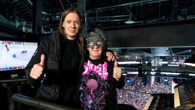 Tobias Forge of Ghost drops by organist booth at Habs game