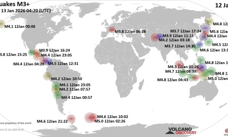 World Earthquake Report for Monday, 12 January 2026