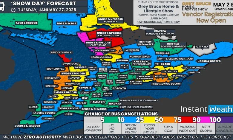 ‘Snow Day’ Forecast: Chance of School Bus Cancellations Return to Southern Ontario’s Snowbelt on Tuesday With Snow Squall Risk