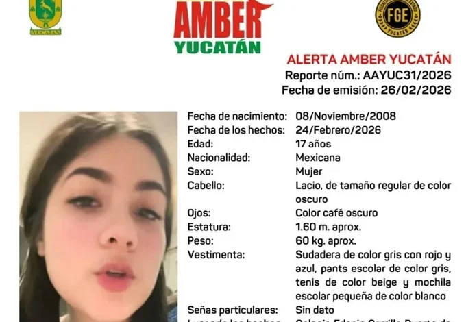 Amber Alert issued for María Fernanda Gómez Palma, missing teenager in Motul, Yucatán