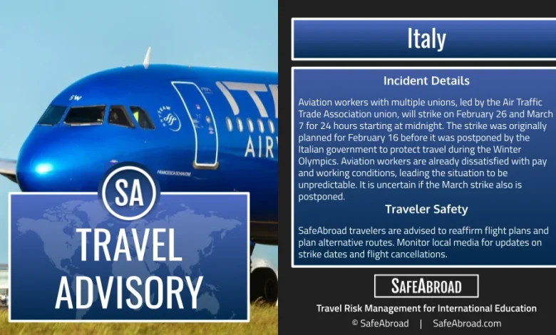 Aviation workers are planning to strike in Italy on February 26 and March 7.