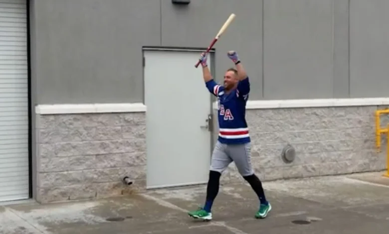 Blue Jays’ George Springer celebrates Team USA’s gold medal at Spring Training