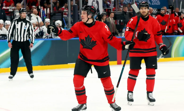 Celebrini becomes 1st NHL player to score on penalty shot at Olympics in Canada win