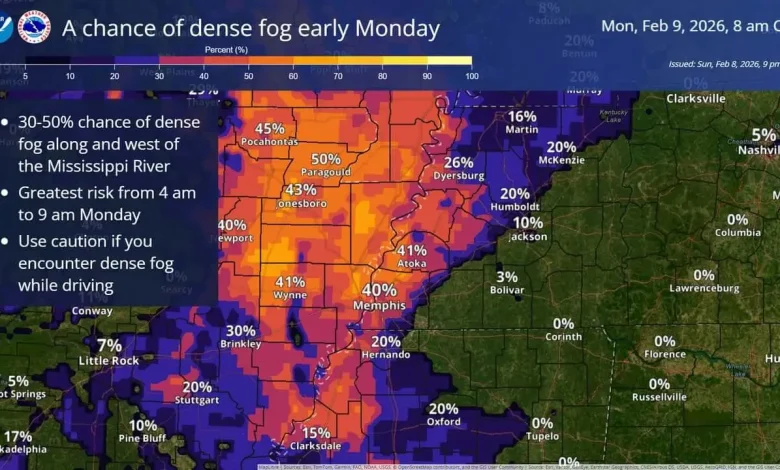 Chance of dense fog along and west of Mississippi River early Monday