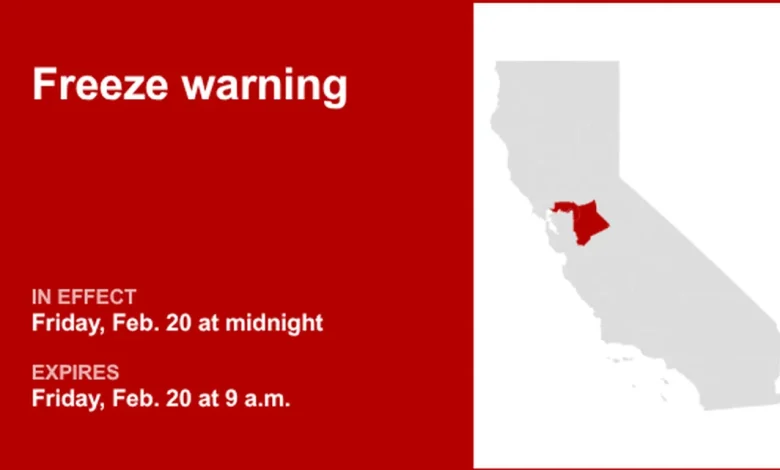 Freeze warning for Carquinez Strait and Delta and Northern San Joaquin Valley for Friday