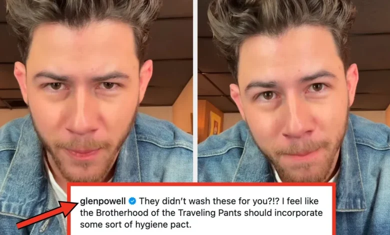 Glen Powell Reacts To Nick Jonas' Borrowed Pants Find