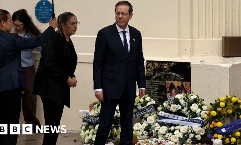 Israeli president lays wreath at Bondi at start of controversial visit