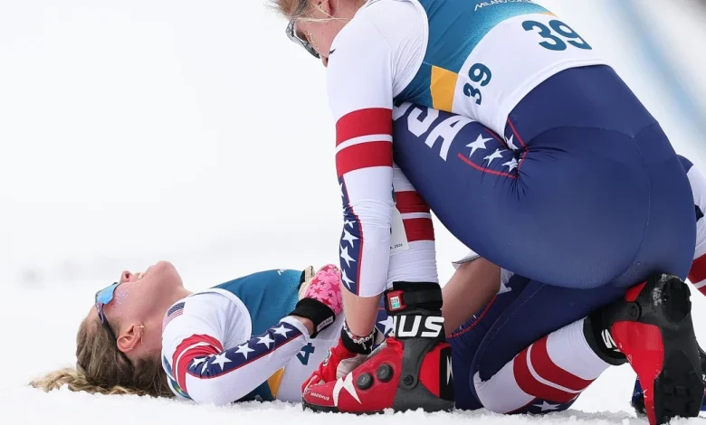 Jessie Diggins collapses in pain after securing bronze in Winter Olympics