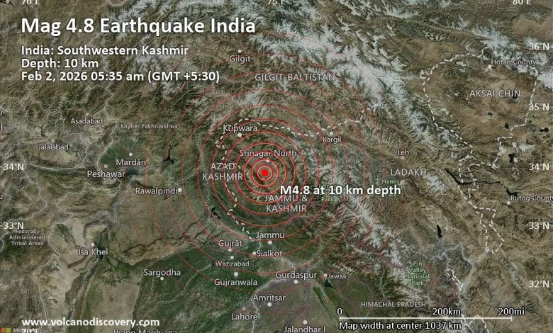 Magnitude 4.8 Earthquake Strikes Near Soyibug, Badgam, Jammu and Kashmir, India